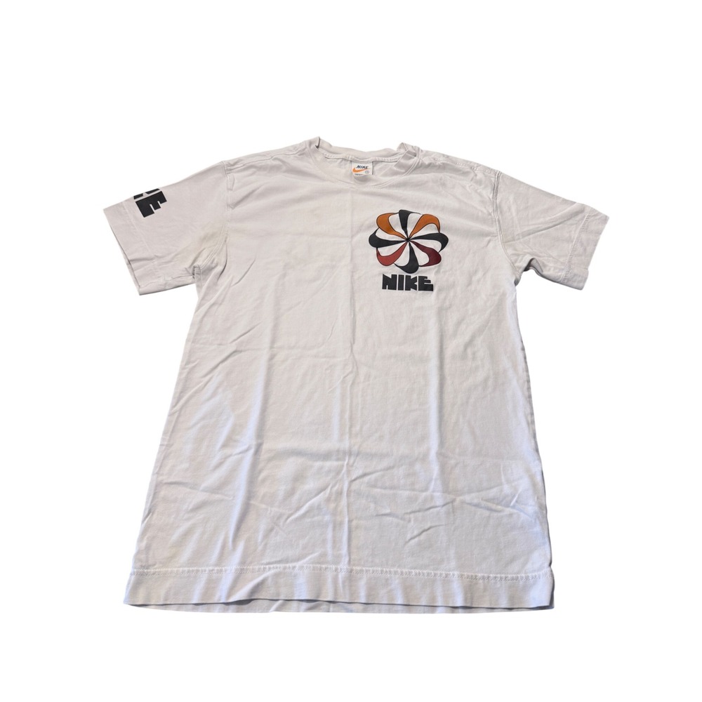 Nike Sportswear Mens Small White Pinwheel Swoosh Graphic T-Shirt Short Sleeve